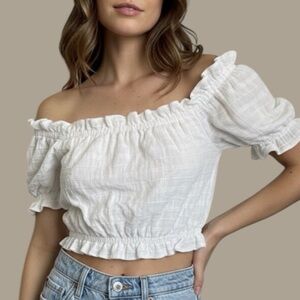 By Together White Cotton Crop Puff Sleeve Top Sz Small